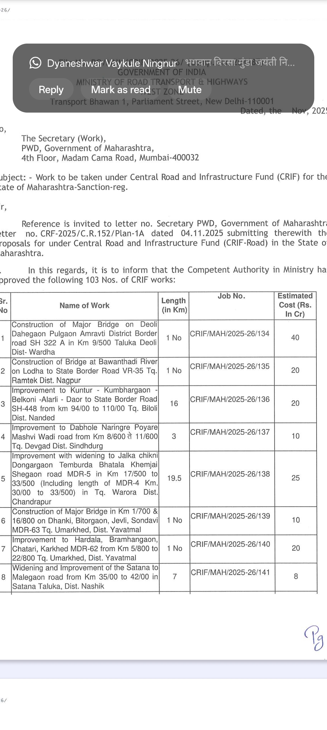 अखेर पाठपुराव्यानंतर ब्राह्मणगाव चातारी कारखेड या रस्त्याच्या कामाकरिता 20 वीस कोटी रुपयाचा निधी मंजूर