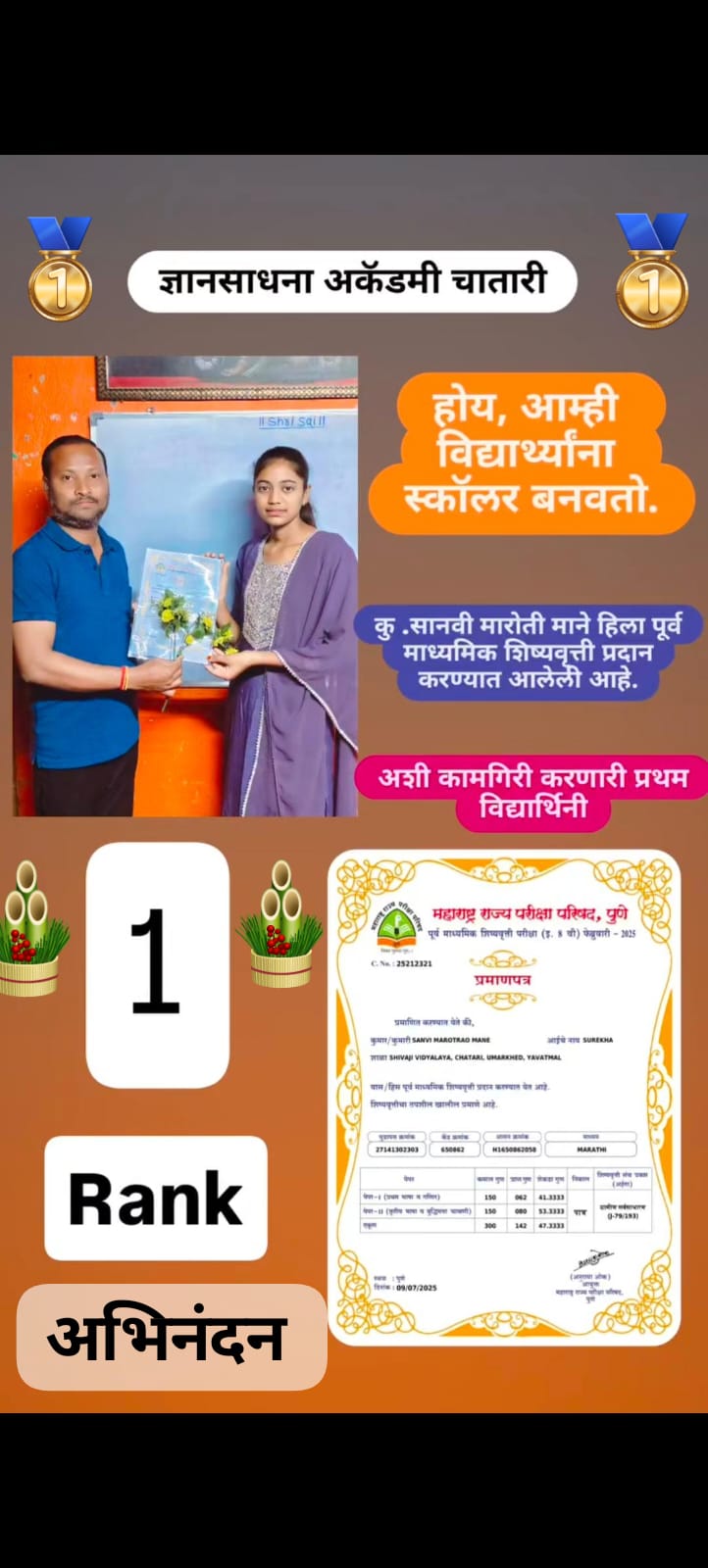 चातारी येथील कुमारी सानवी मारोती माने शिष्यवृत्ती परीक्षा उत्तीर्ण