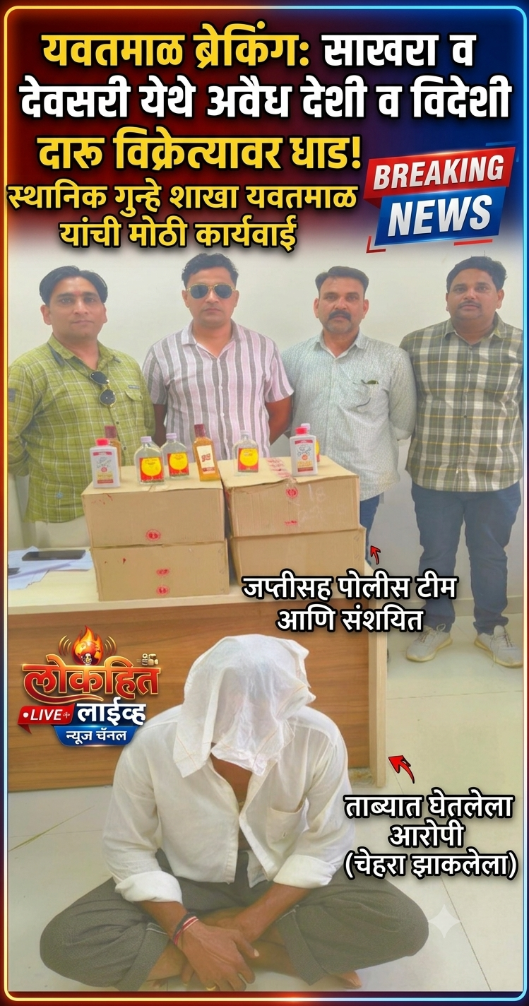 पोलीस स्टेशन उमरखेड हददीत साखरा व देवसरी येथे अवैध देशी व विदेशी दारु विक्री करणा-या इसमांवर कारवाई एकूण 23,270/- रुचा देशी-विदेशी दारु जप्त स्थानिक गुन्हे शाखा यवतमाळ यांची कारवाई